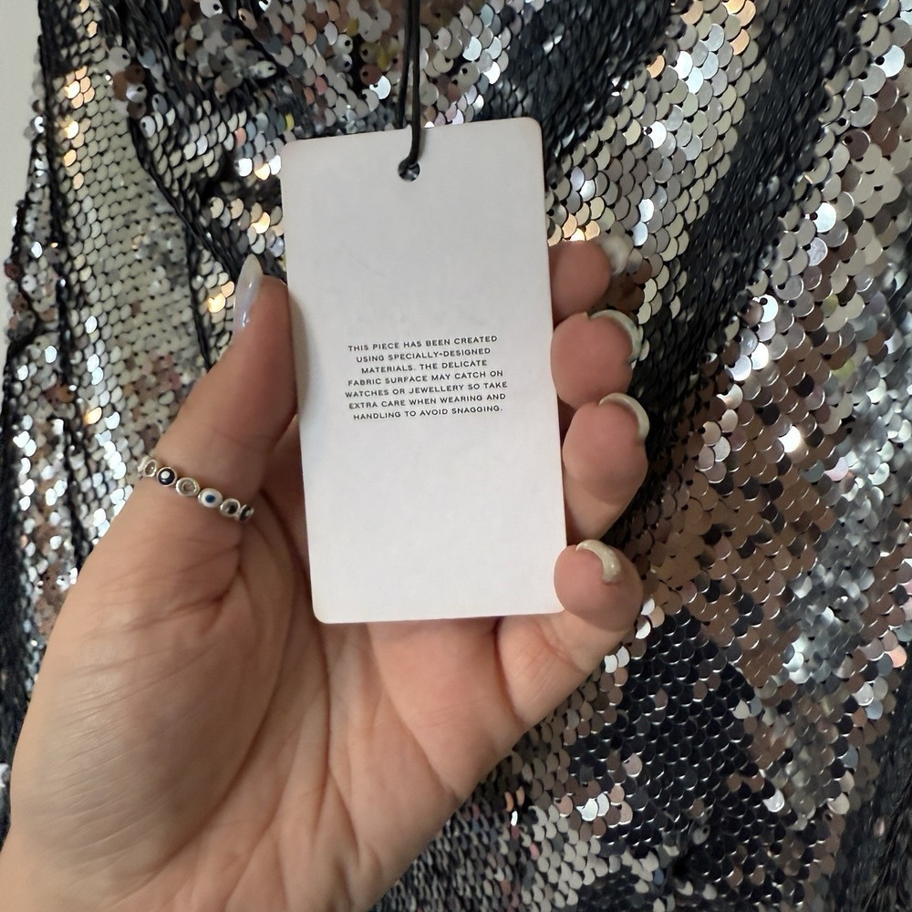 REISS‎ EVA SEQUIN CAPE ONE SHOULDER MINI DRESS NWT SILVER METALLIC SIZE US 10 - Picture 5 of 6